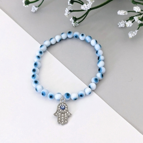 Evil Eye Beaded Stretch Bracelet with Hamsa Hand | Handcrafted - Picture 3 of 5